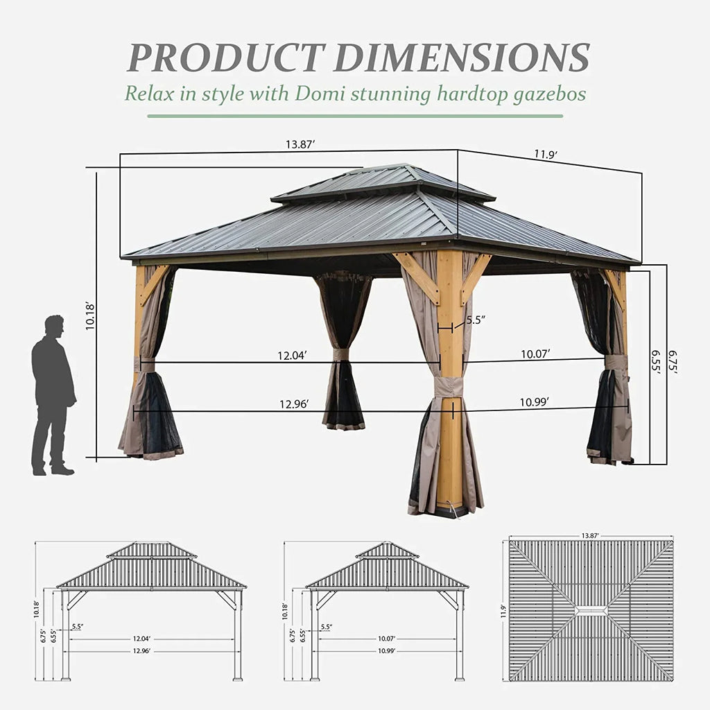 Domi 12x20 ft Wood Gazebo, Cedar Wood Frame Hardtop Gazebo with Galvanized Steel Double Roof, Outdoor Gazebo with Netting and Curtains, Patio Gazebo Pergola Pavilion for Patio, Backyard, Deck, Lawns