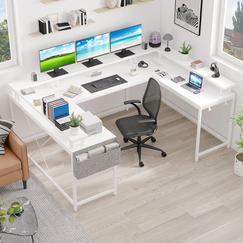 Yesfashion U Shaped Computer Gaming Desk, Reversible L Shaped Desk with Power Outlets, LED Strip & Monitor Stand, Large Corner Desk with Storage Shelves