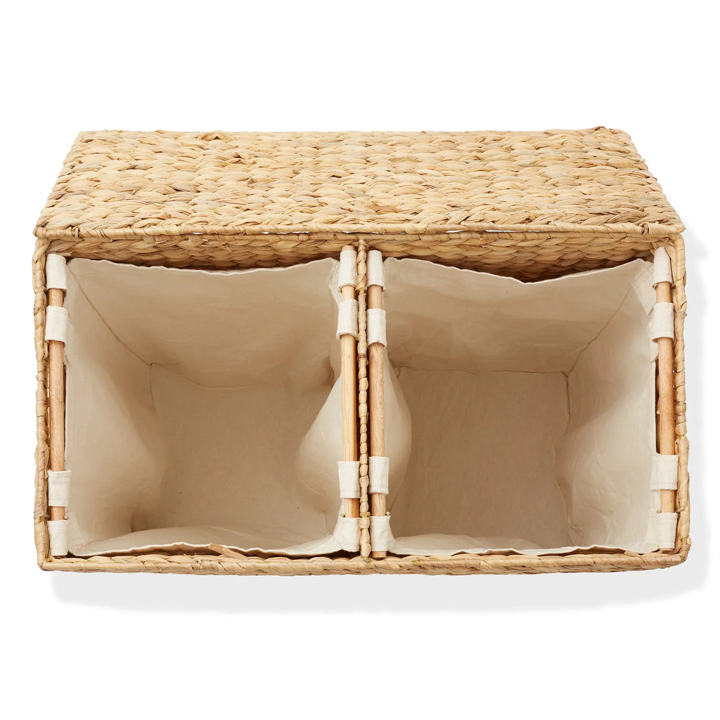 Casafield 2-Section Laundry Hamper with Lid and Removable Liner Bags - Natural, Woven Water Hyacinth Laundry Basket for Clothes