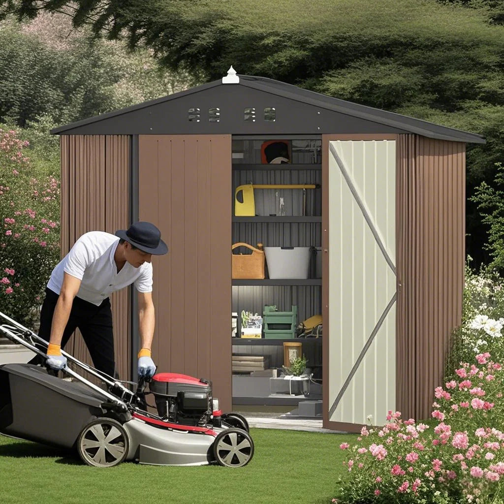 8x6 ft Outdoor Storage Shed on Sale, Sheds & Outdoor Storage with Lockable Doors, Metal Garden Shed by Durable Galvanized Steel for Patio, Lawn - Dark Gray