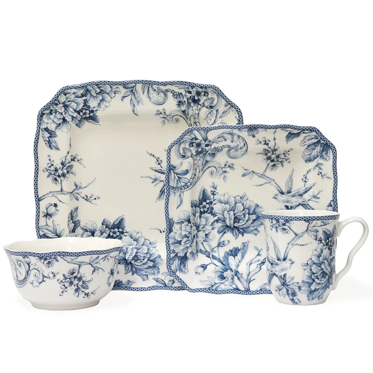222 Fifth Adelaide Round 16-Piece Porcelain Dinnerware Set, Black Toile
