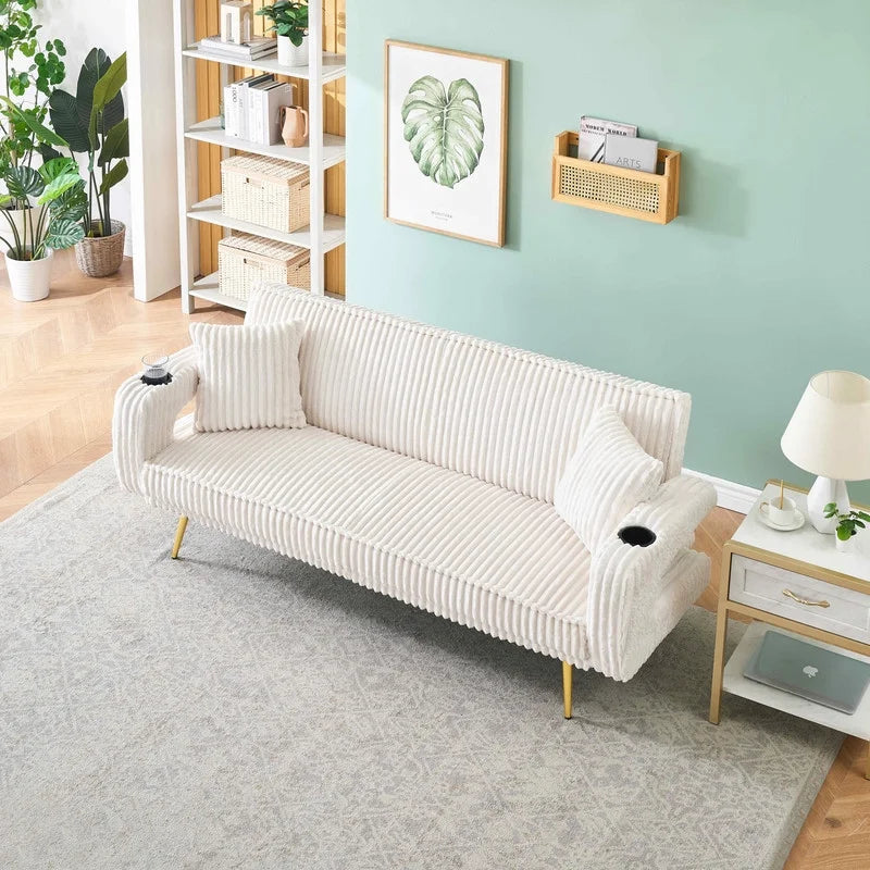 FFH Modern Corduroy Futon Sofa Bed with Adjustable Backrest,Convertible Loveseat Sleeper,Soft Couch with Drop-Down Table and Cup Holder for Living room,Pink