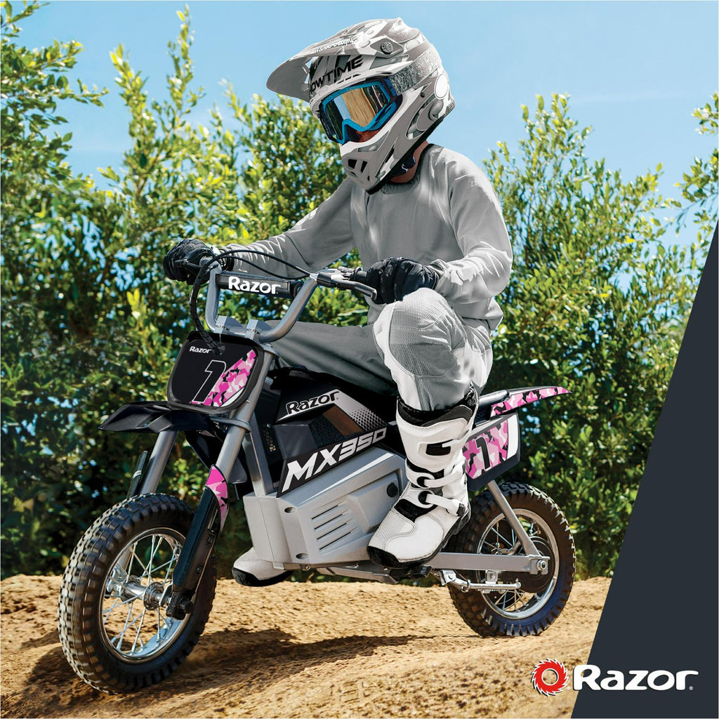 Razor Dirt Rocket MX350 - Black with Decals. up to 14 mph. 24V Electric Dirt Bike for Child 8+