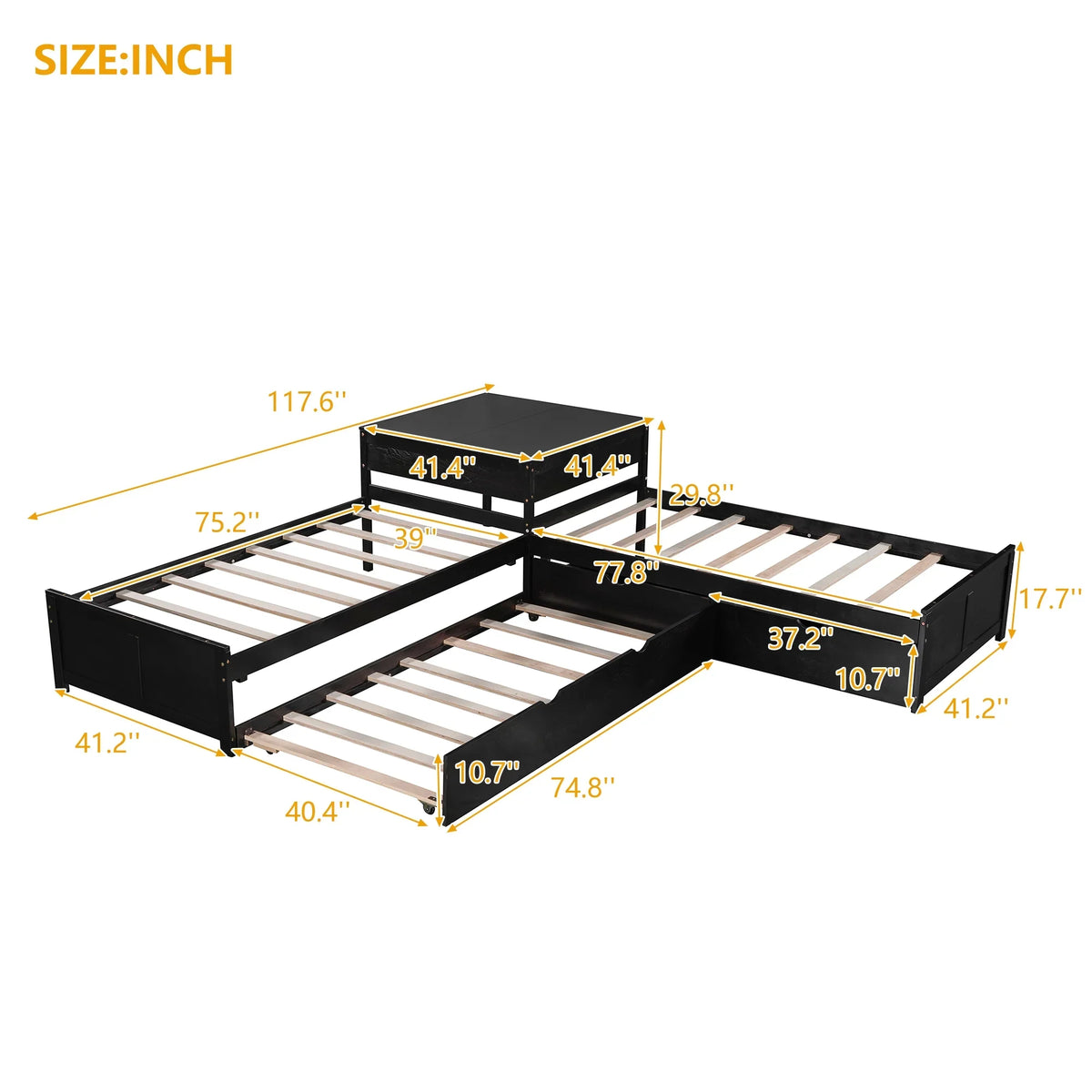 Euroco Wood Twin Size L-Shaped Platform Bed with Square Storage Table for Kids Teens, 2 Platform Beds with Trundle and Drawers for Living Room, 3 Twin Beds, Gray