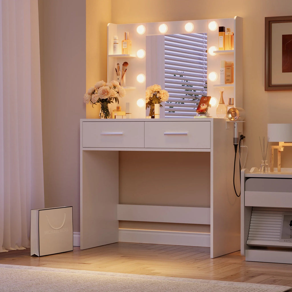 Furmax Makeup Vanity Table and Chair Set with 3 Modes Adjustable Lights and Mirror Vanity Desk with Shelves and Drawer, White