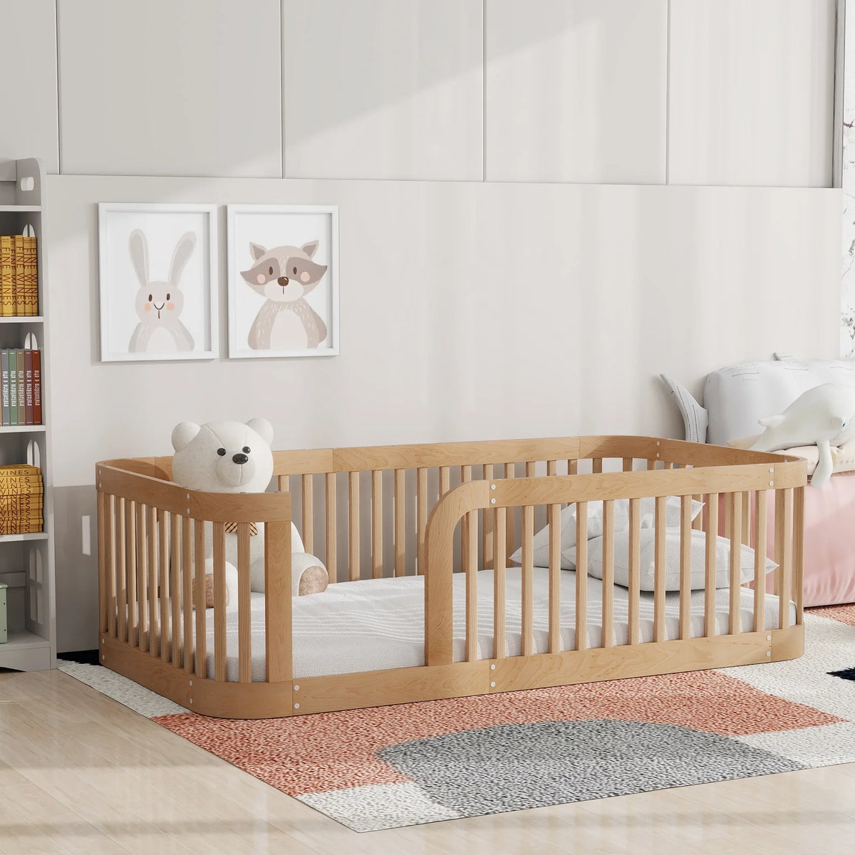 Euroco Twin Size Floor Bed with Fence for Kids Teens and Toddlers, White