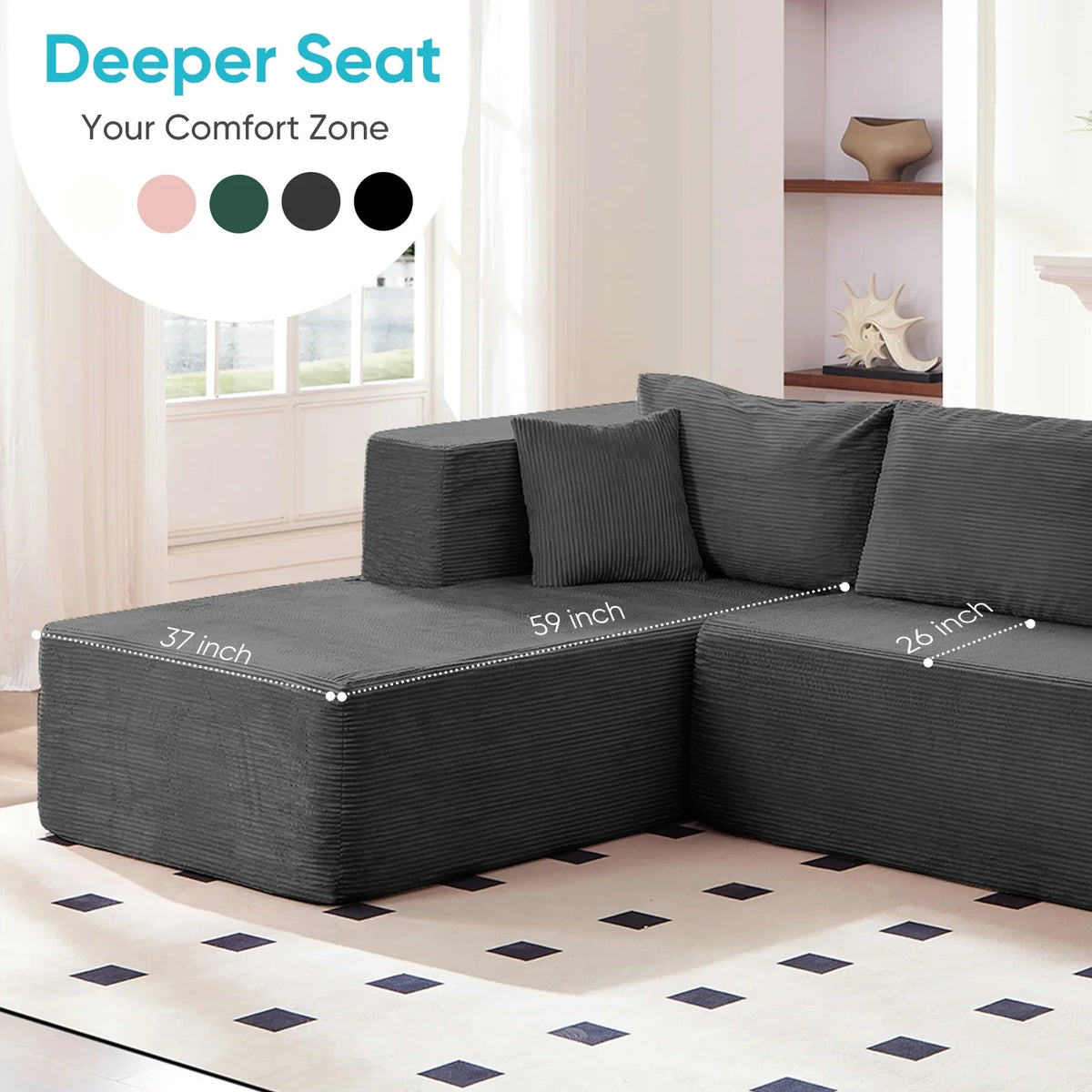 ZAFLY 106" Cloud Sectional Couch with Chaise, No Assembly Required L Shaped Sleeper Sofa, Oversized Deep Seat Modular Couches and Sofas for Living Room - Right, Black