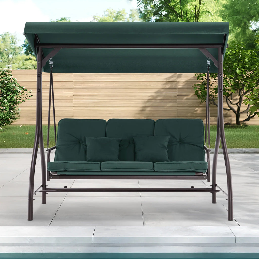 MCombo 3-Seat Outdoor Patio Swing Chair Cushioned with Adjustable Backrest and Canopy, Pillow, Brown