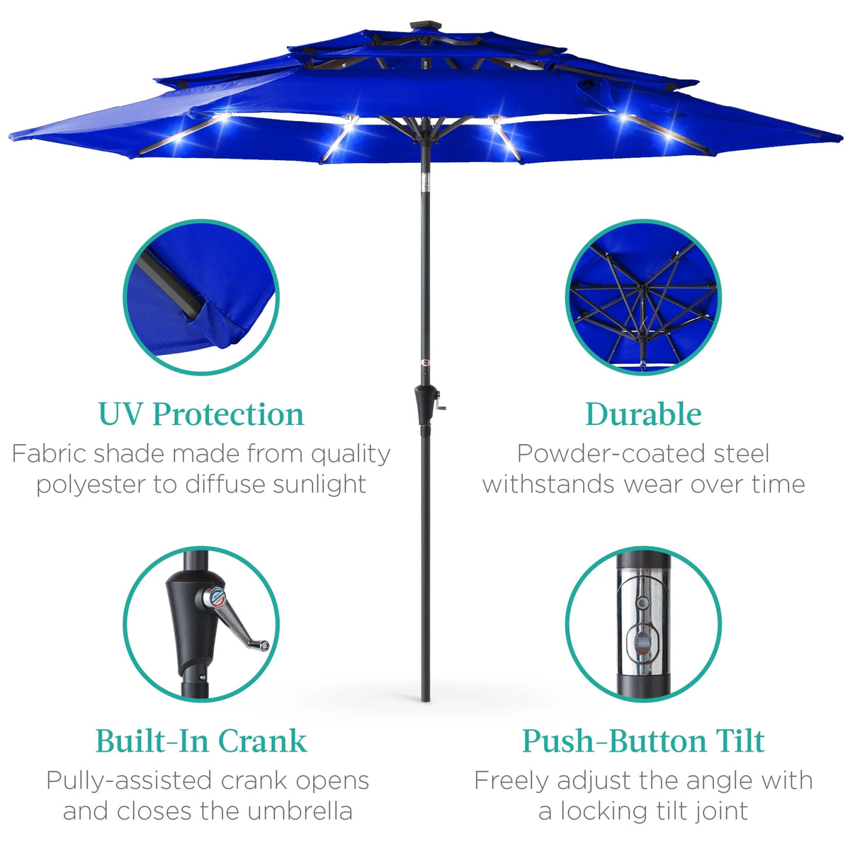 Best Choice Products 10ft 3-Tier Solar Patio Umbrella w/ 24 LED Lights, Tilt Adjustment, Easy Crank - Tan