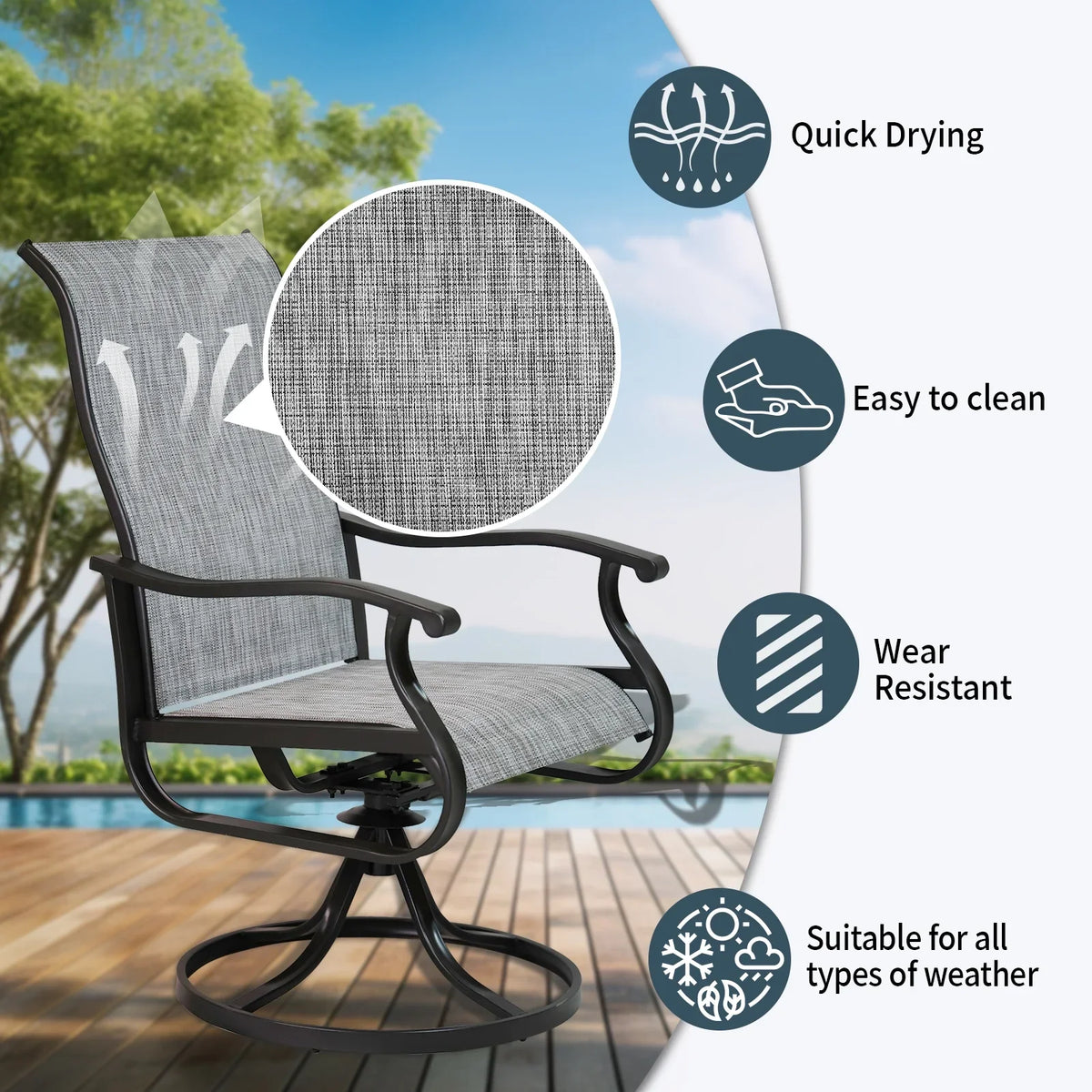 Patio Swivel Chairs Set of 2, Outdoor High Back Rocker Dining Chairs with All-Weather Textilene Mesh and Metal Frame, Comfortable Swivel Chairs for Patio, Garden, Deck, and Backyard (Beige)
