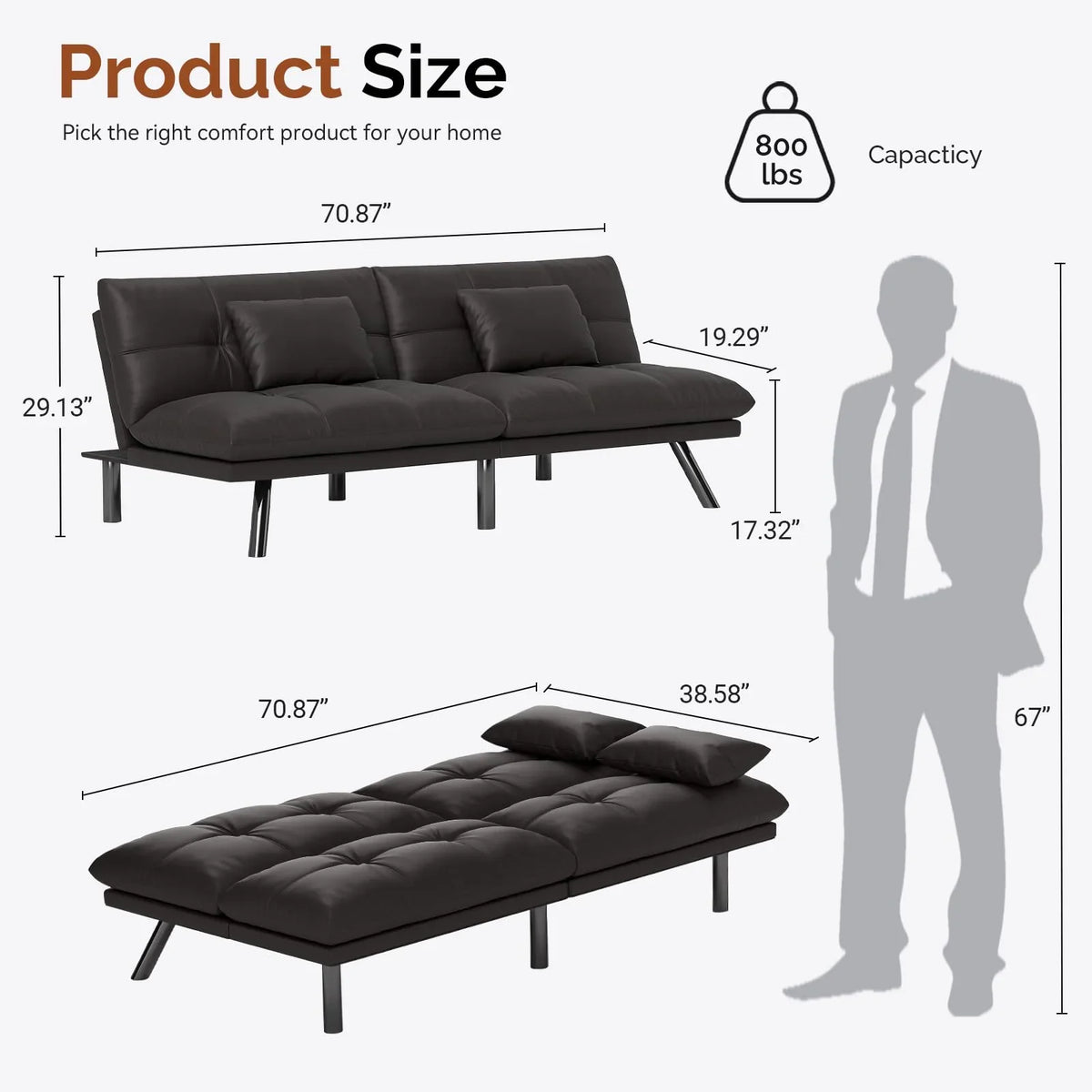70"" Convertible Futon Sofa Bed Folding Bed Sleeper Couch for Living Room, Small Space or Office, Light Grey