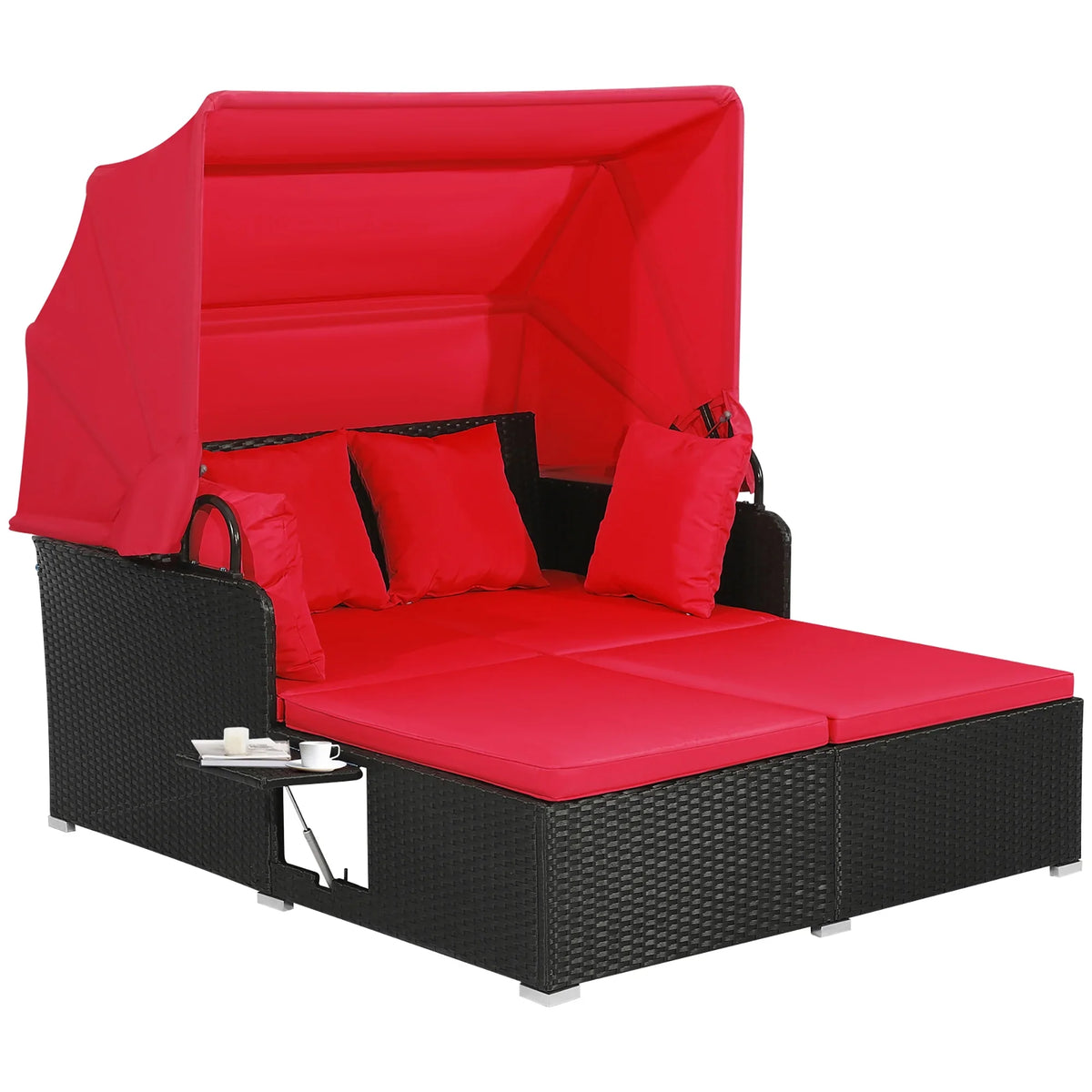 Costway Patio Rattan Daybed Lounge Retractable Top Canopy Side Tables Cushions Red