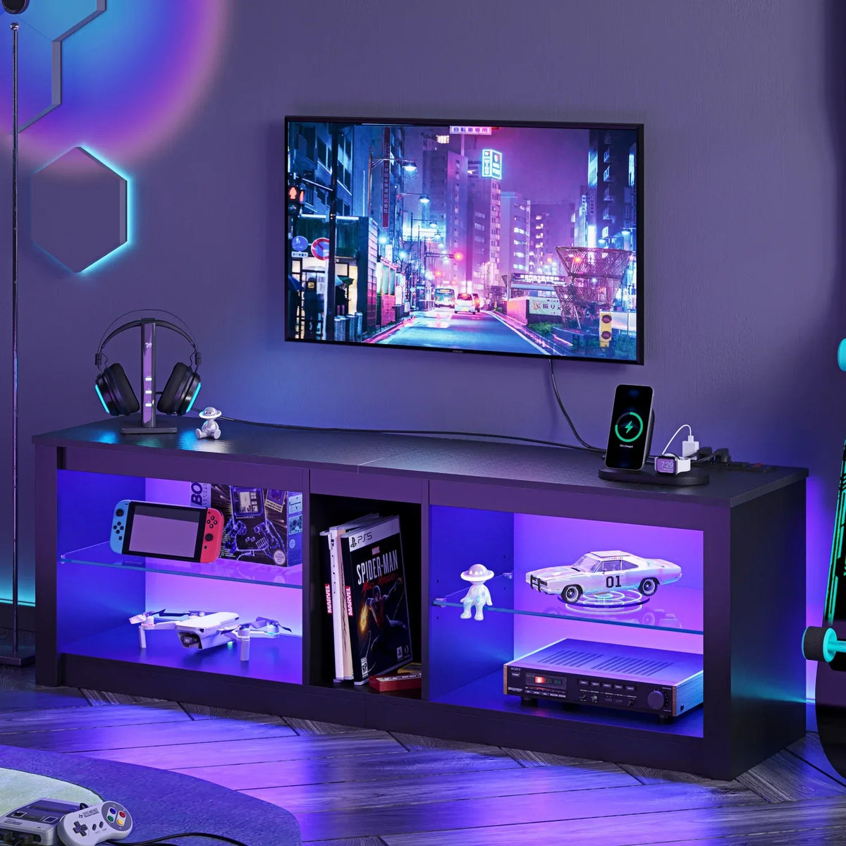 Bestier Entertainment Center with LED Lights TV Stand Media Console Table for TVs up to 60" in Light Grey