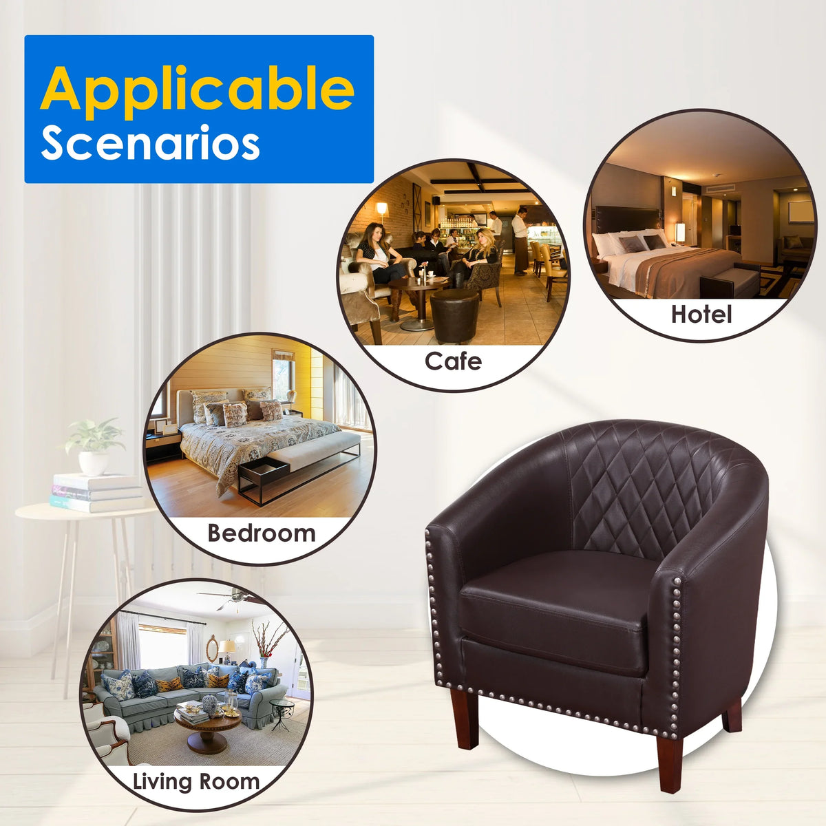 Barrel Accent Chair for living room, modern Leather Club Barrel Chair comfy Reading Armchair for Bedroom, Brown