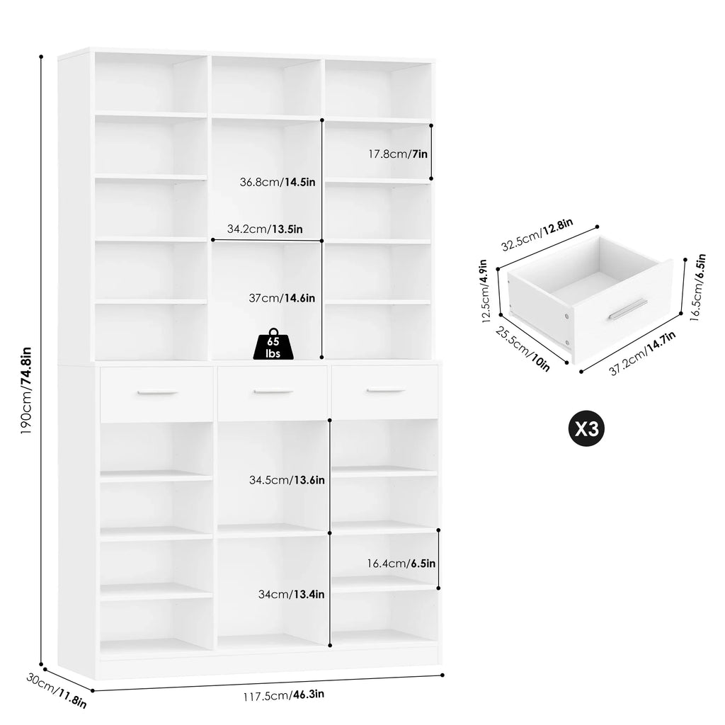 Homfa 75-Inch Bookshelf and Bookcase with 3 Drawers, Wooden Storage Book Shelf with Adjustable Shelves For Living Room, Home Office, White