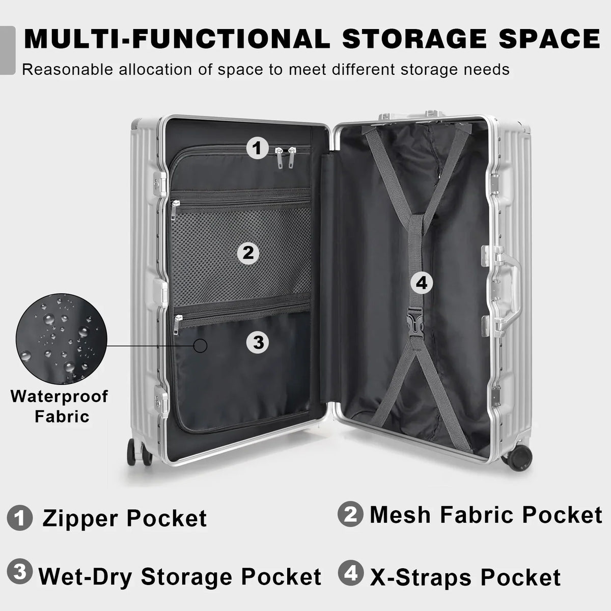 Luggage Aluminium Frame PC ABS Hardshell Suitcase with Spinner Wheels TSA Lock Zipperless Luggage 28 inch Silver