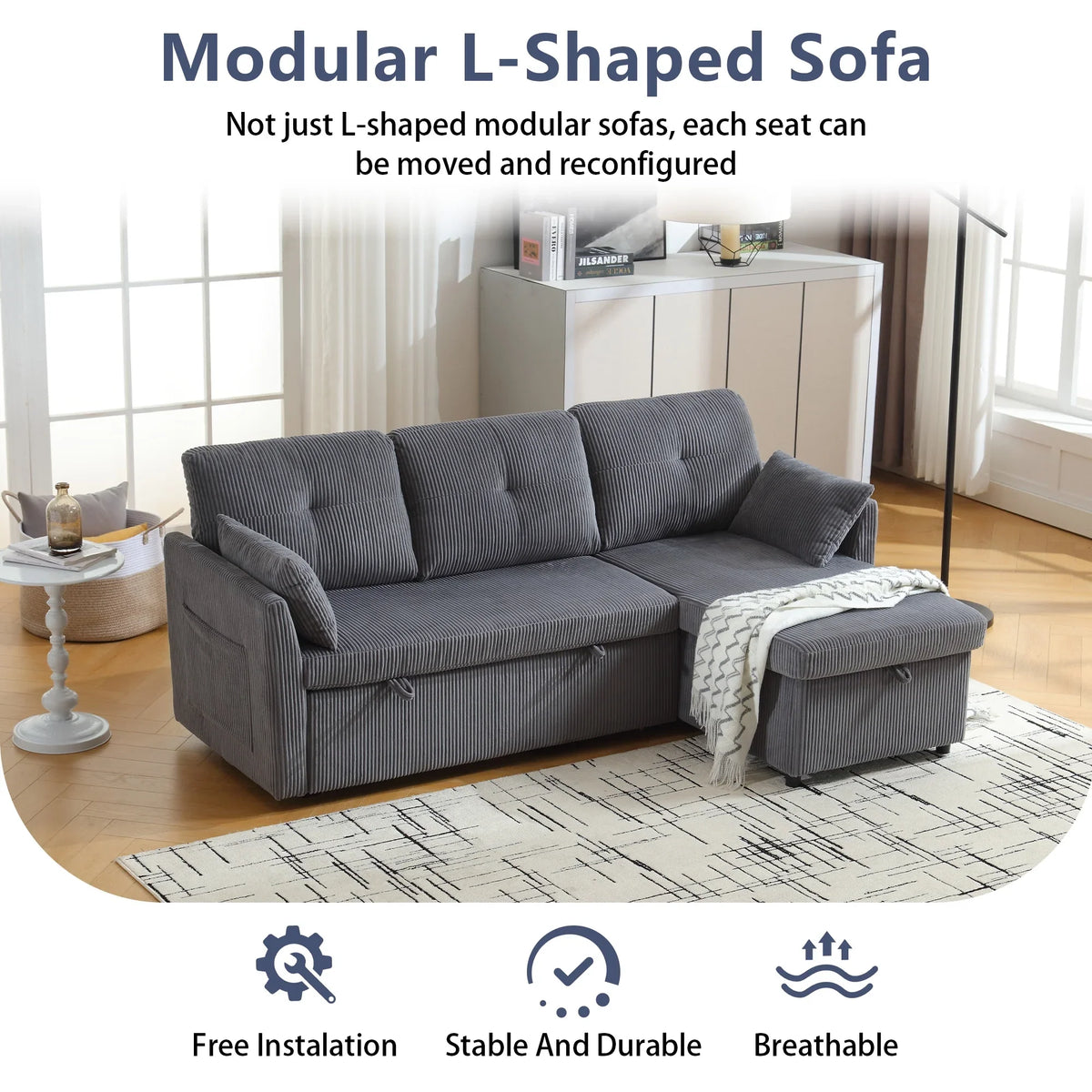 Villeston L-Shaped 3-Seat Sofa with Pull-Out Bed, with Storage Chaise Couch for Living Room, Chenille Fabric,Olive