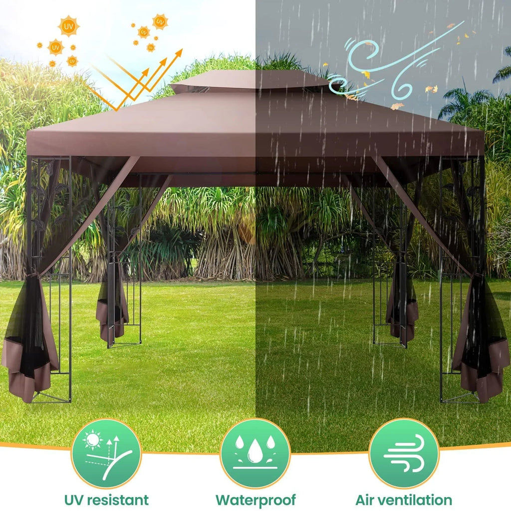 COBIZI 10' x 13' Pop Up Gazebo, Screened Patio Gazebo, Outdoor Steel Double Roof Canopy Tent, Metal Frame Canopy with Mosquito Netting, Sunshade for Garden, Lawns, Gray