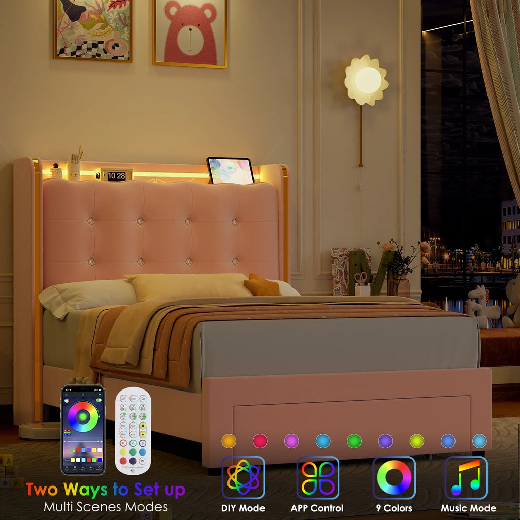 Homfa Twin Size LED Bed Frame with Drawer, Velvet Crystal Button Upholstered Platform Bed Frame with Outlets and USB Ports & Display Platform, No Box Spring Needed, Pink