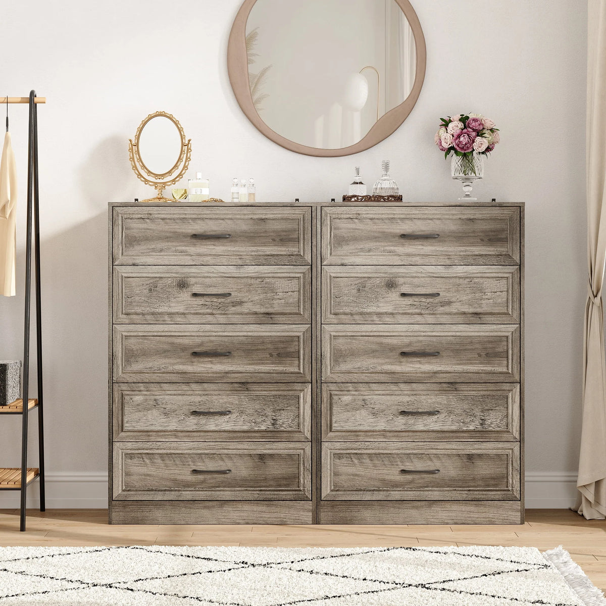 Vabches Farmhouse 5 Drawer Dresser with Metal Handle, Tall Wood Chest of Drawers for Living Room Bedroom,Dark Brown