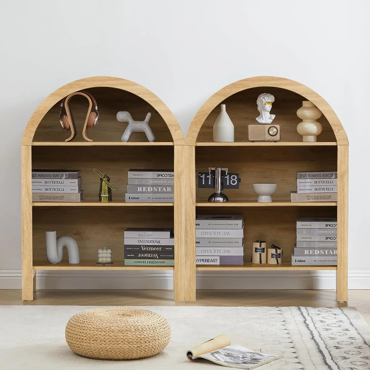 LEFHDA Small Kids Arched Bookshelf, Modern 3-Tier Open Bookshelf, Wood Freestanding Arched Bookcase with Adjustable Shelves, Covered Rounded Top Display Cabinet (Walnut)