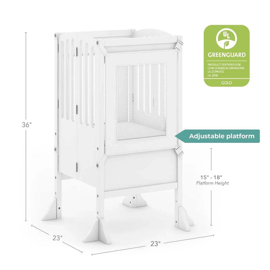 Guidecraft Contemporary Kitchen Helper Step Stool - White: Adjustable, Folding Montessori Toddler Tower - Safety Learning Furniture