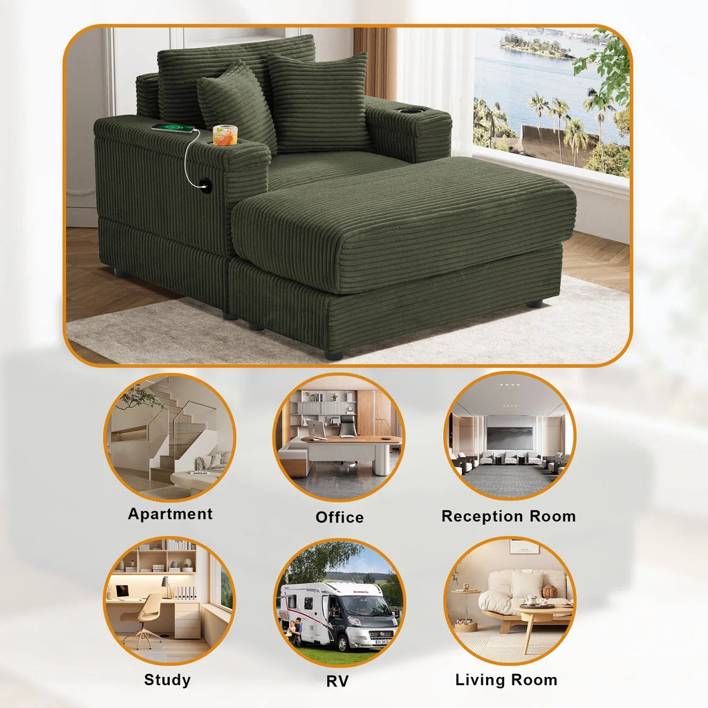 Wiilayok Oversized Lounge Chair Indoor,54" Corduroy Cloud Chaise Lounge Couch Indoor with Ottoman,Cup Holder for Living Room,Bedroom,Beige