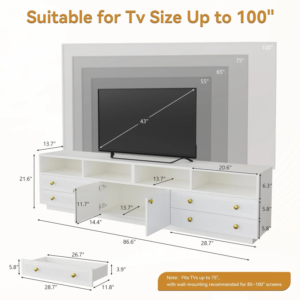 Planntonneo Mid-Century Modern Fluted TV Stand Wooden Media Console Entertainment Center for Living Room, Walnut Color