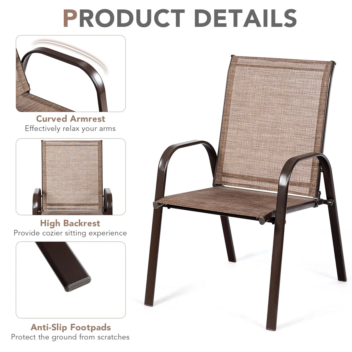 Gymax Set of 4 Patio Chairs Dining Chairs w/ Steel Frame Yard Outdoor Grey