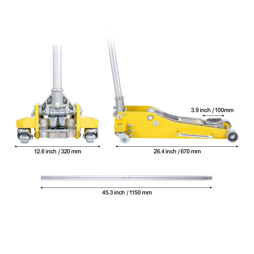 KFFKFF Low Profile Floor Jack, 3 Ton Capacity, Dual Piston Fast Lift, Hydraulic Auto Jack, 3.7"-18.3" Lift Height Range