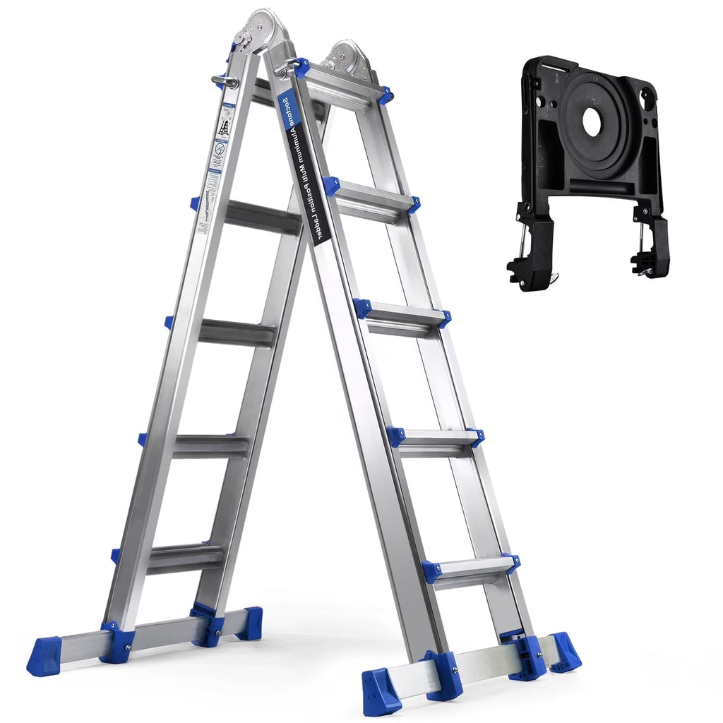HBTower Ladder, A Frame 4 Step Extension Ladder, 14 Ft Multi Position Ladder with Removable Tool Tray and Stabilizer Bar, 330 lbs Capacity Telescoping Ladder for Household and Outdoor Work