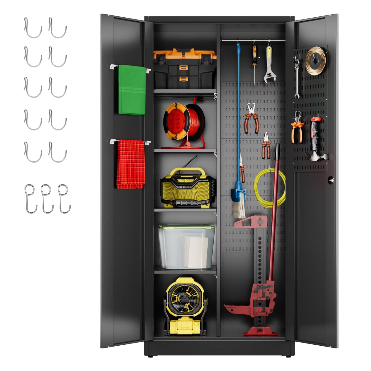 GAEANET 2 Door Metal Storage Cabinet with 5 Adjustable Shelves &Pegboard, 71" H"32" W"16" D Locking Steel Garage Cabinet, for Garage,Office,Home,Gym,School, File Cabinet,Assembly Required, Black