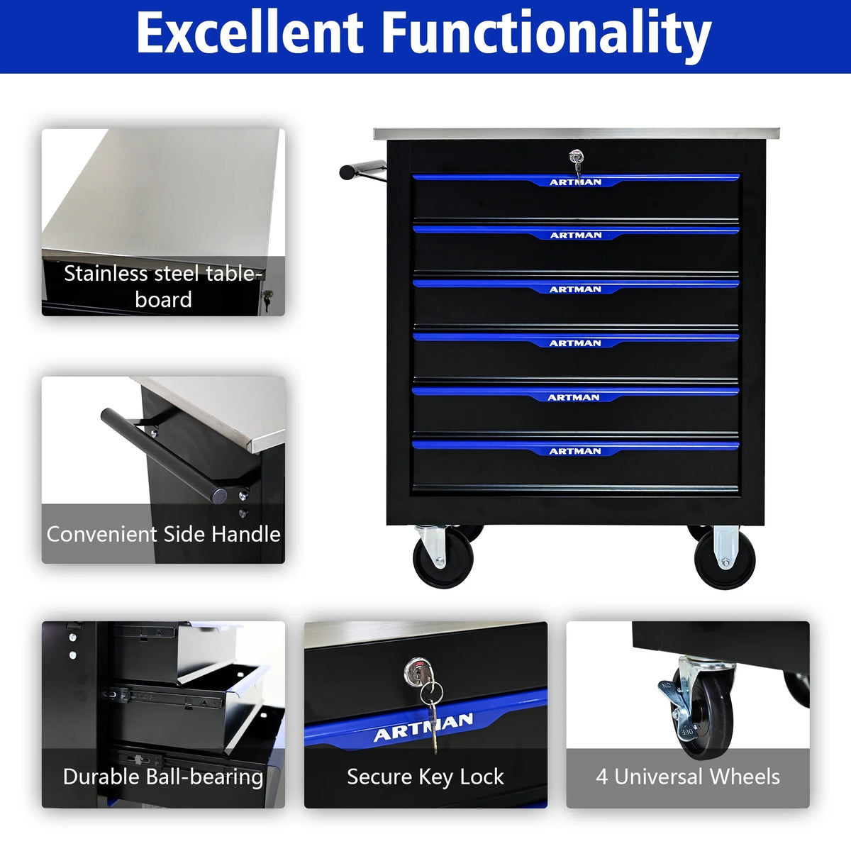 ARTMAN 6-Drawer Tool Storage Chest with Lockable Wheel,6 Drawer Tool Storage Cabinet for Garage, Warehouse, Repair Shop