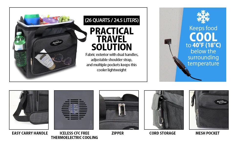 Koolatron Thermoelectric Iceless Electric Cooler Bag, 12Volt 26 qt (25 L) Black Gray