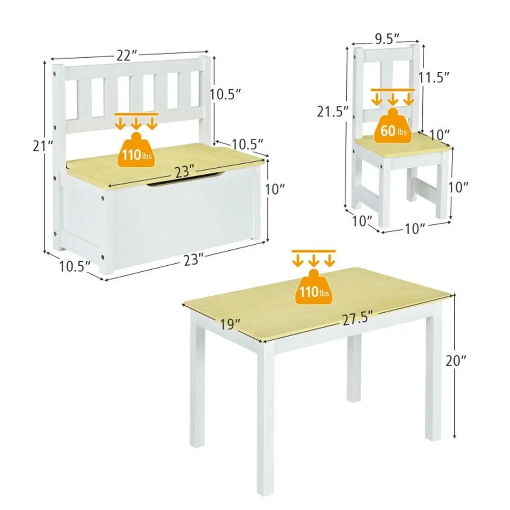 Kadyn Children Kids Table Chair Set,Children Playroom Table Chair Set,4 Pieces Kids Wooden Activity Table and Chairs Set with Storage Bench and Study Desk-Natural