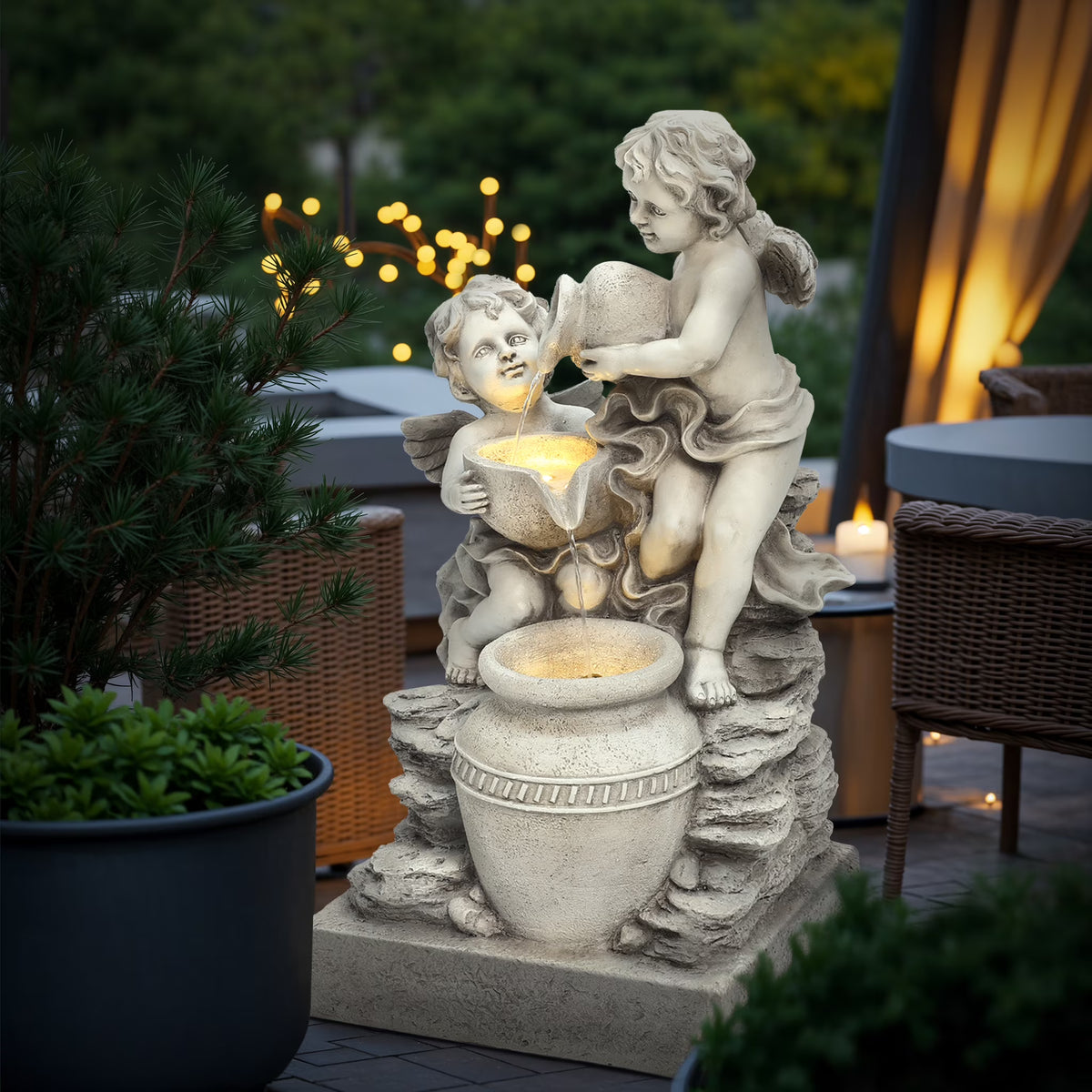 LuxenHome 30" Resin Angels Water Fountain Outdoor and Indoor, Waterfall Fountains for Garden, Backyard
