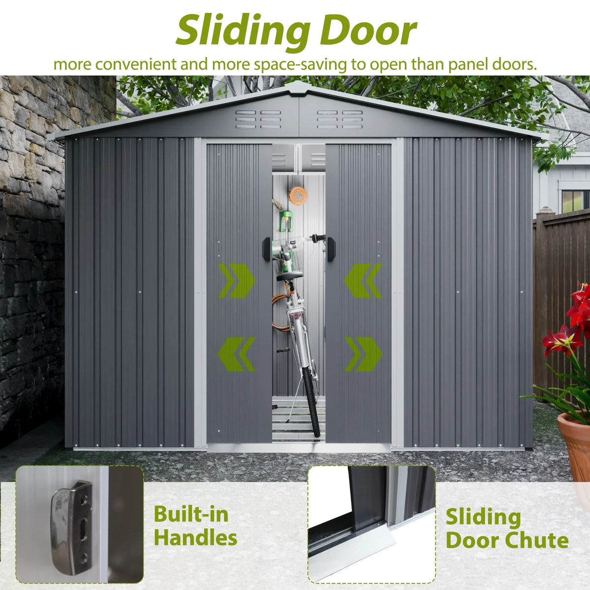 LZBEITEM 10 x 10 ft Outdoor Storage Shed with Floor Frame Kit, Galvanized Steel Garden Sheds, Garden Tool Shed with Double Lockable Doors for Backyard Patio Lawn, Grey