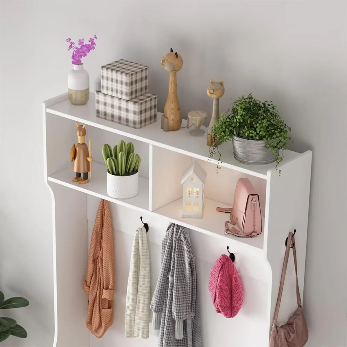 GOGRANT Farmhouse Entryway Bench with Coat Rack, 7 Shoe Cubbies & 7 Coat Hooks Hall Tree with Shoe Storage Bench, Top Sorage, 4-in-1 Mudroom Storage Cabinet, white