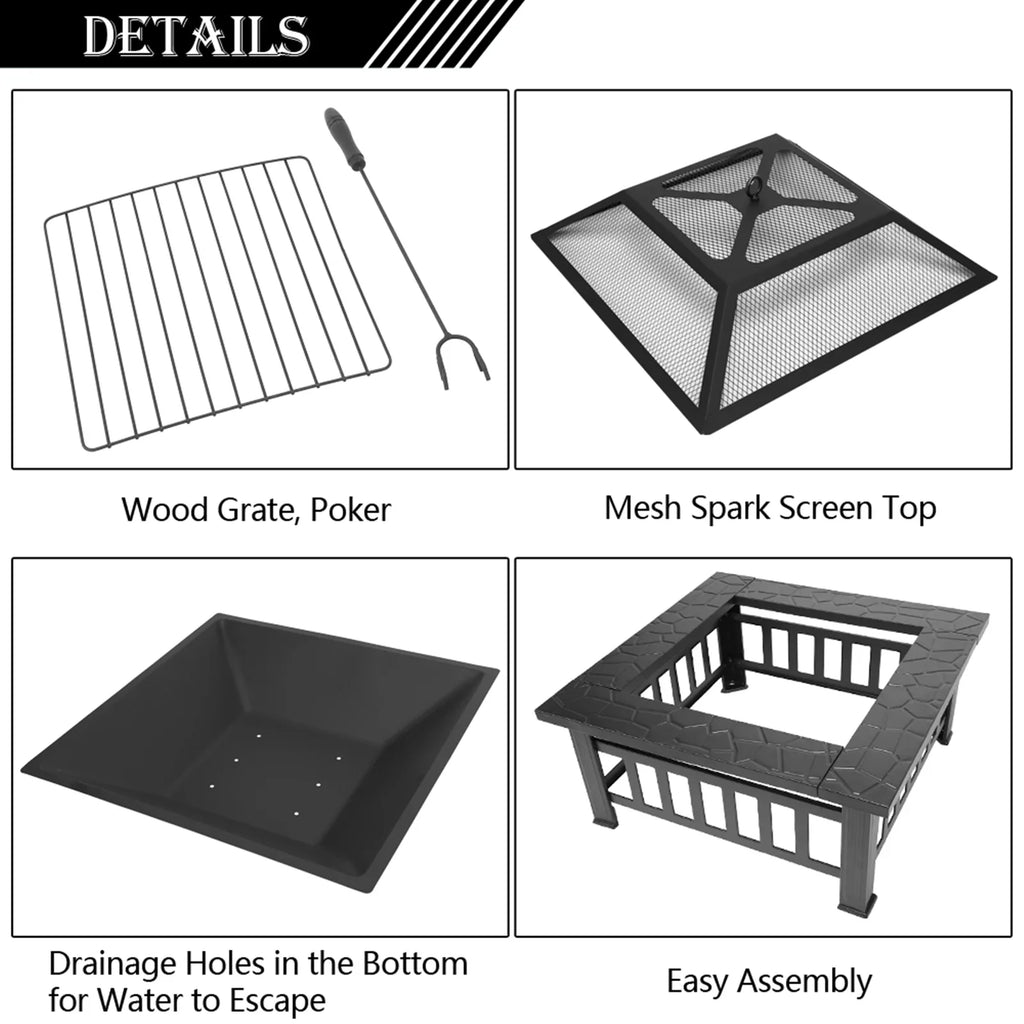 Wood Burning Fire Pits for Outside, 32" Square Iron Fire Pit Backyard Patio Garden Stove Wood Burning Fire Pit w/ Mesh Screen Lid, Wood Grate, Poker, Durable Fire Pit, Q5946