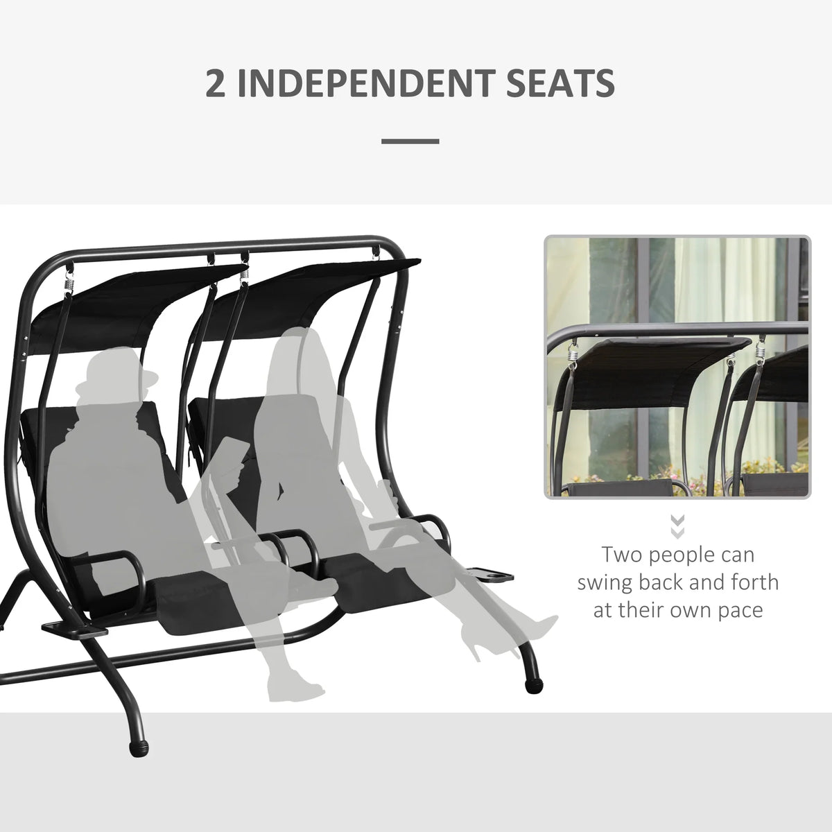 Outsunny 2-Seat Modern Steel Canopy Porch Swing with Cup Holder and Cushions, Beige/Black