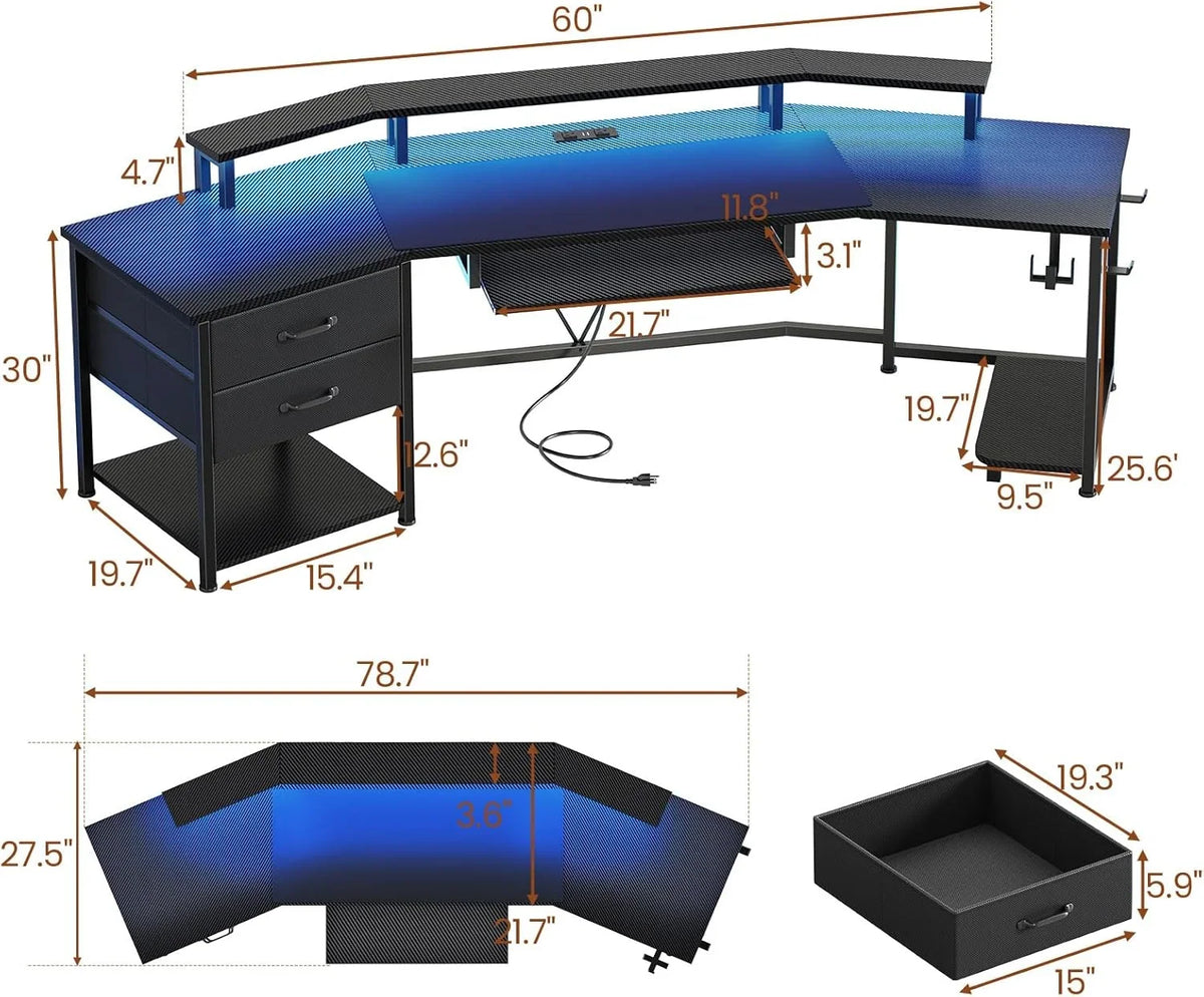 79" Gaming Desk with LED Lights and Power Outlets, U Shaped Desk with Monitor Stand and Drawers, Gaming Table with Keyboard Tray, Cup Holder and CPU Stand for Bedroom, Carbon Fiber Black