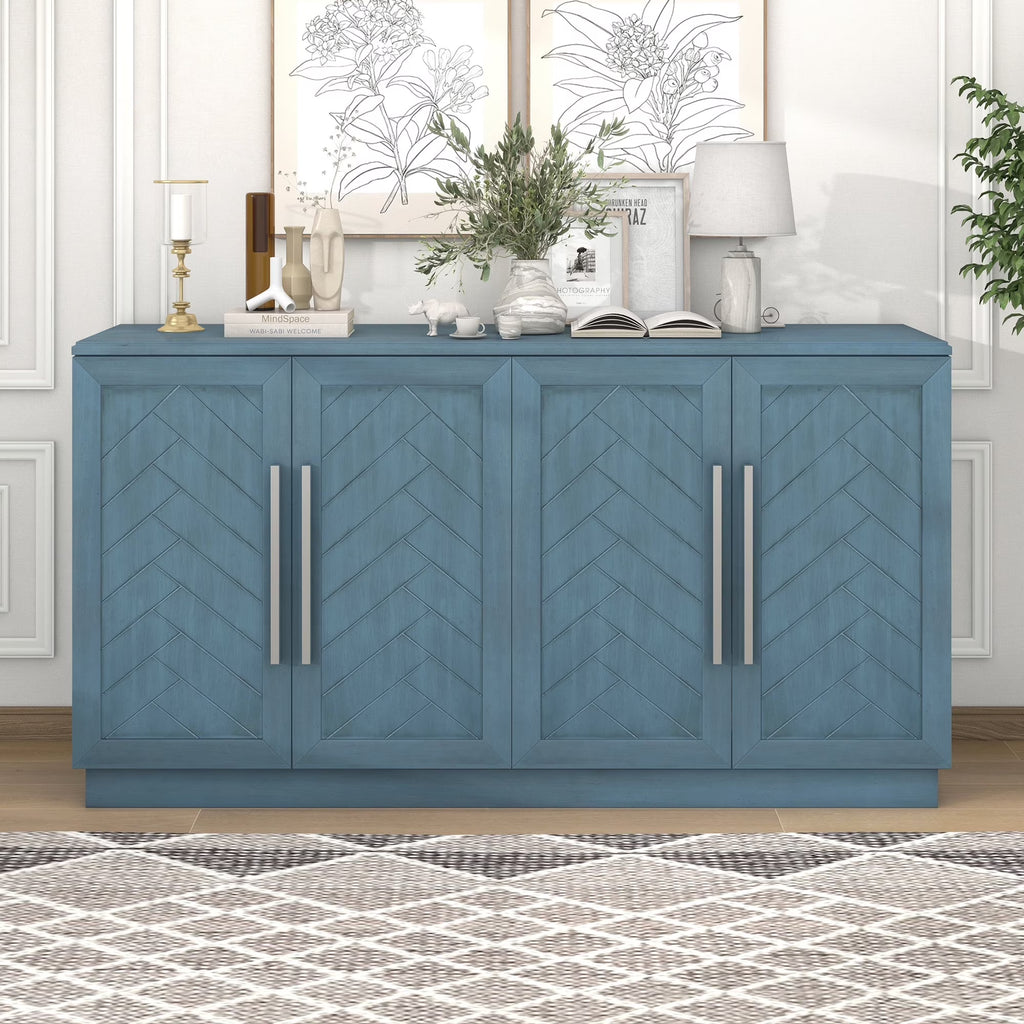 4-Door Buffet Sideboard, Modern Large Storage Cabinet Furniture with Adjustable Shelves&Silver Handles, Accent Cabinet Table, Console Table Cabinet for Kitchen Living Room Entryway Hallway, Navy Blue