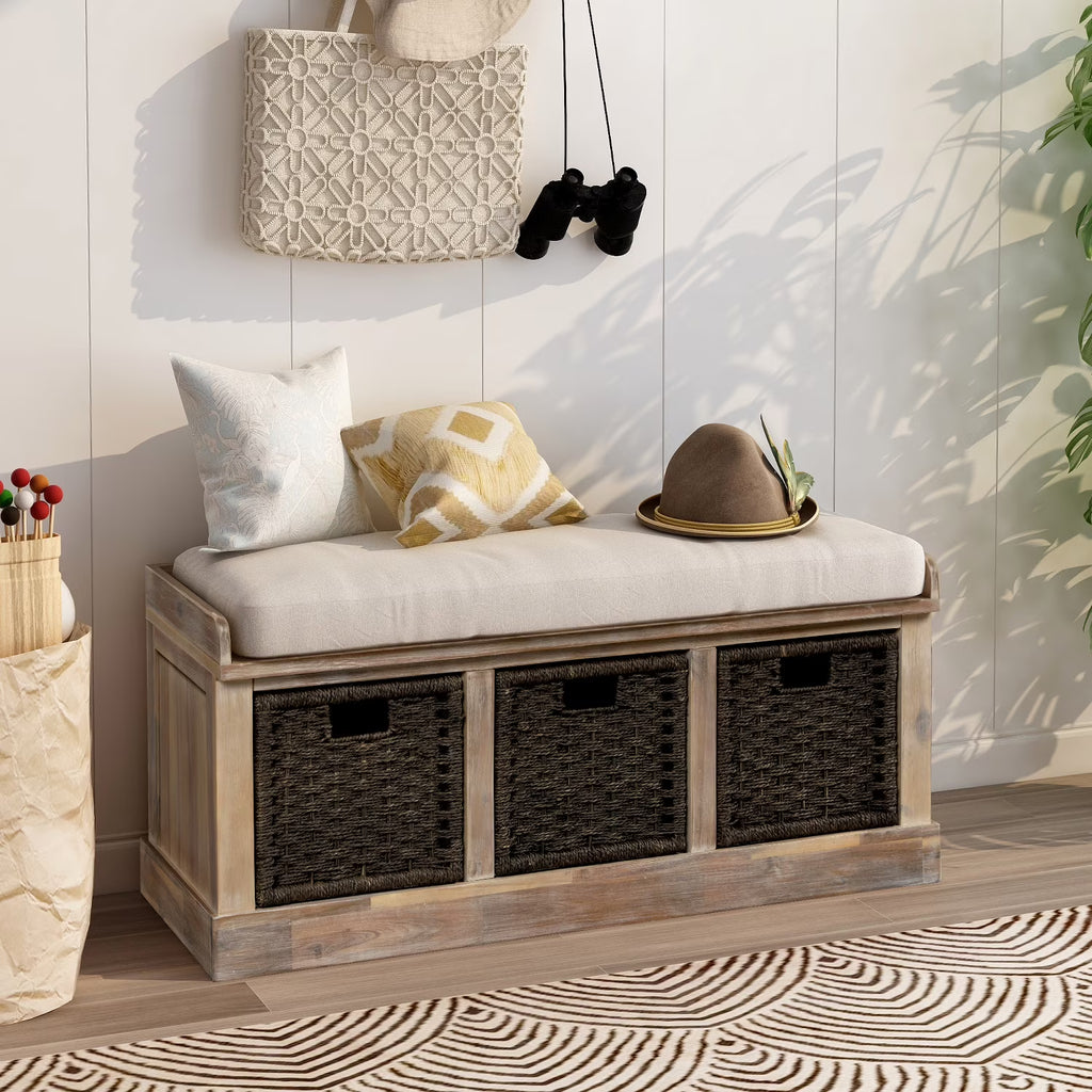 Entryway Storage Bench with 3 Woven Baskets and Removable Cushion, Entry Hallway Foyer Shoe Bench End of Bed Bench, Fully Assembled, 41.3" L x 15.7" W x 17" H (White Washed)