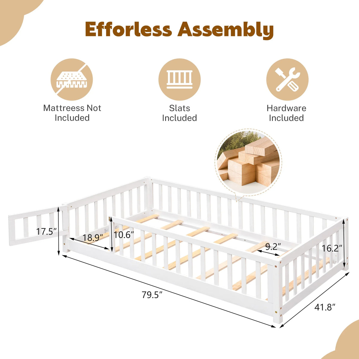 PAPROOS Twin Size Floor Bed, Solid Wood Toddler Bed with Slat, Fence Guardrail and Door, No Box Spring Needed, Montessori Bed, Twin Bed for Kids, Boys, Girls, Gray