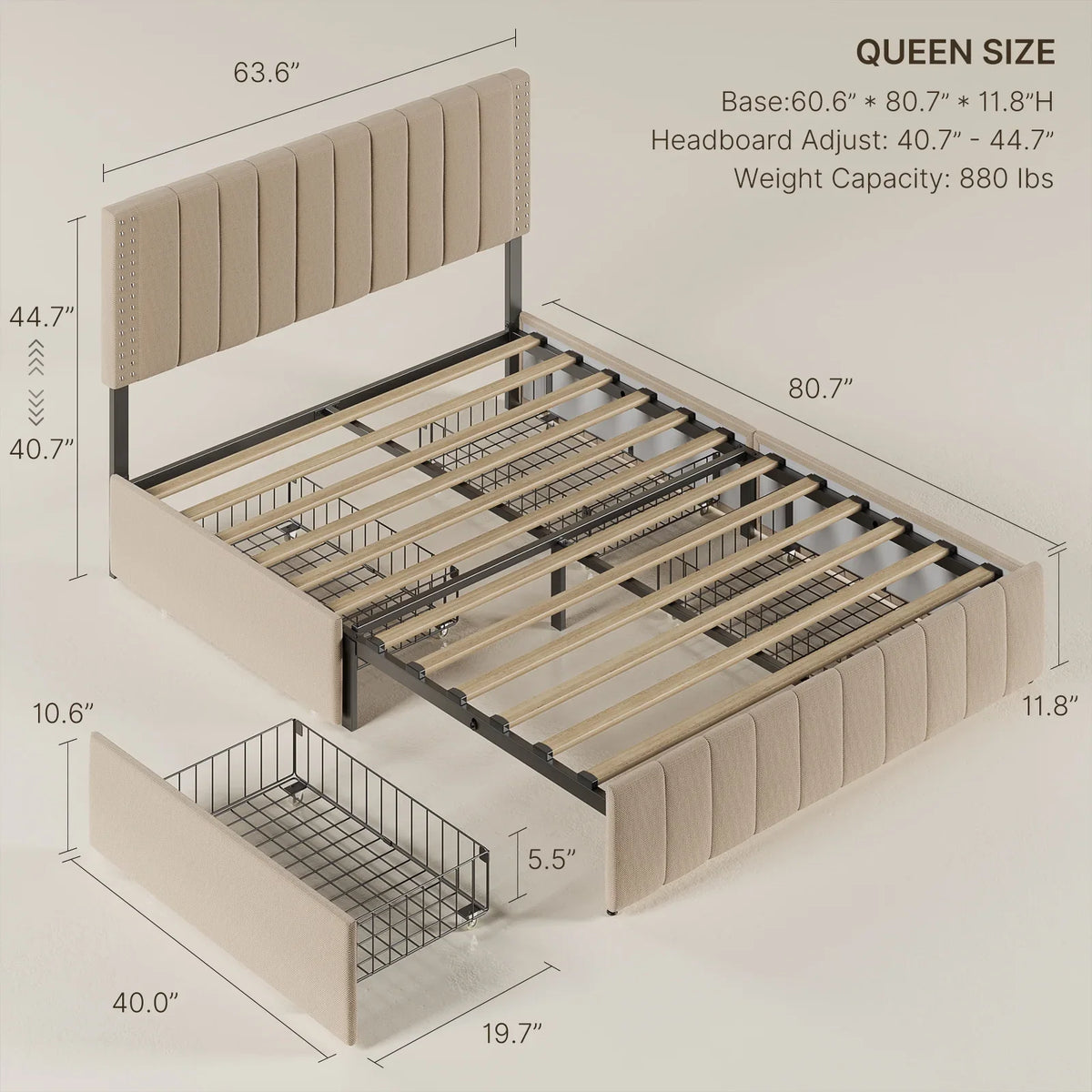 Lofka Queen Bed Frame with Headboard, Upholstered Platform Bed with Headboard, No Box Spring Needed/Easy Assembly, Beige