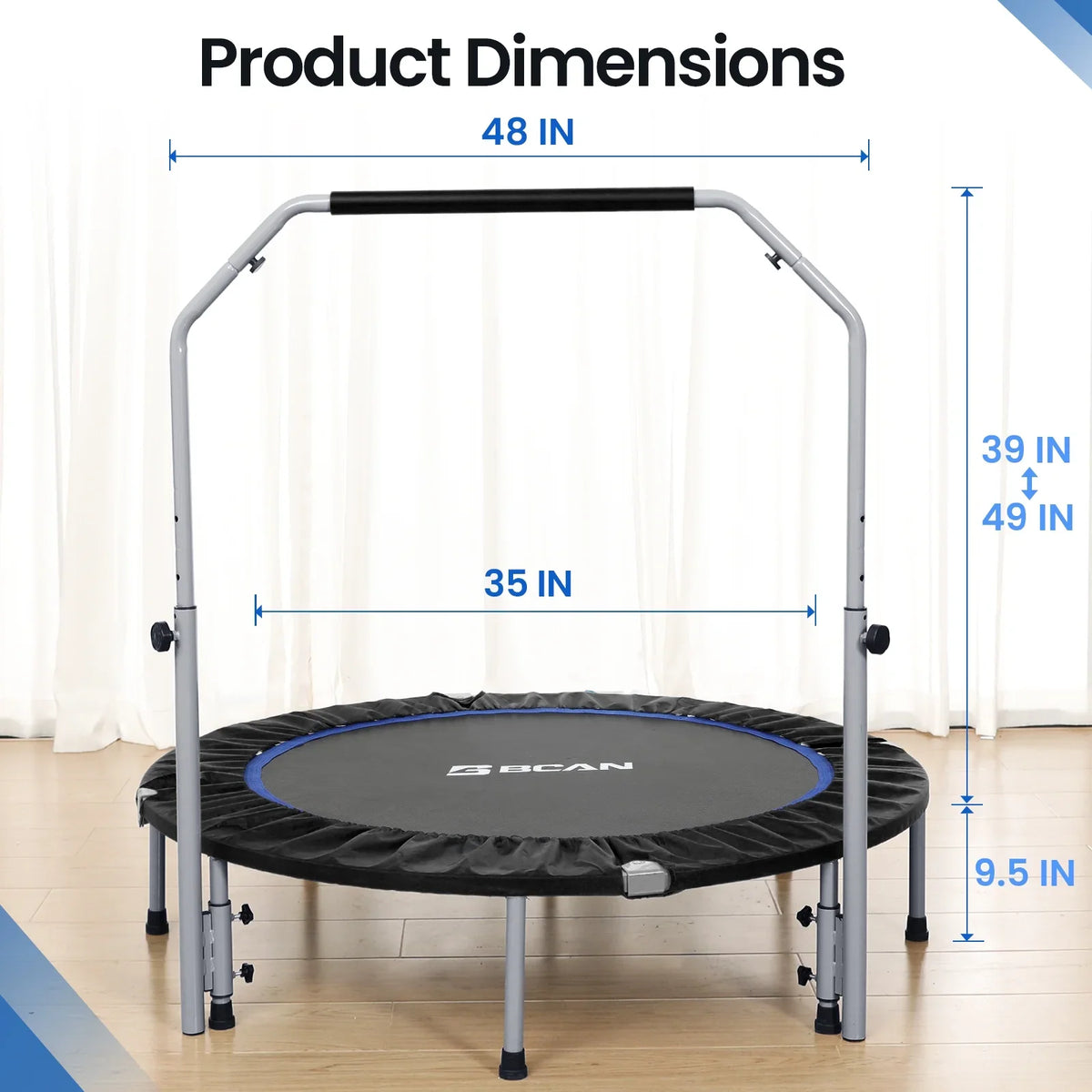BCAN 40" Foldable Trampoline, Fitness Rebounder with Adjustable Foam Handle, Exercise Trampoline for Adults/kids Indoor/Garden Workout Max Load 330lbs