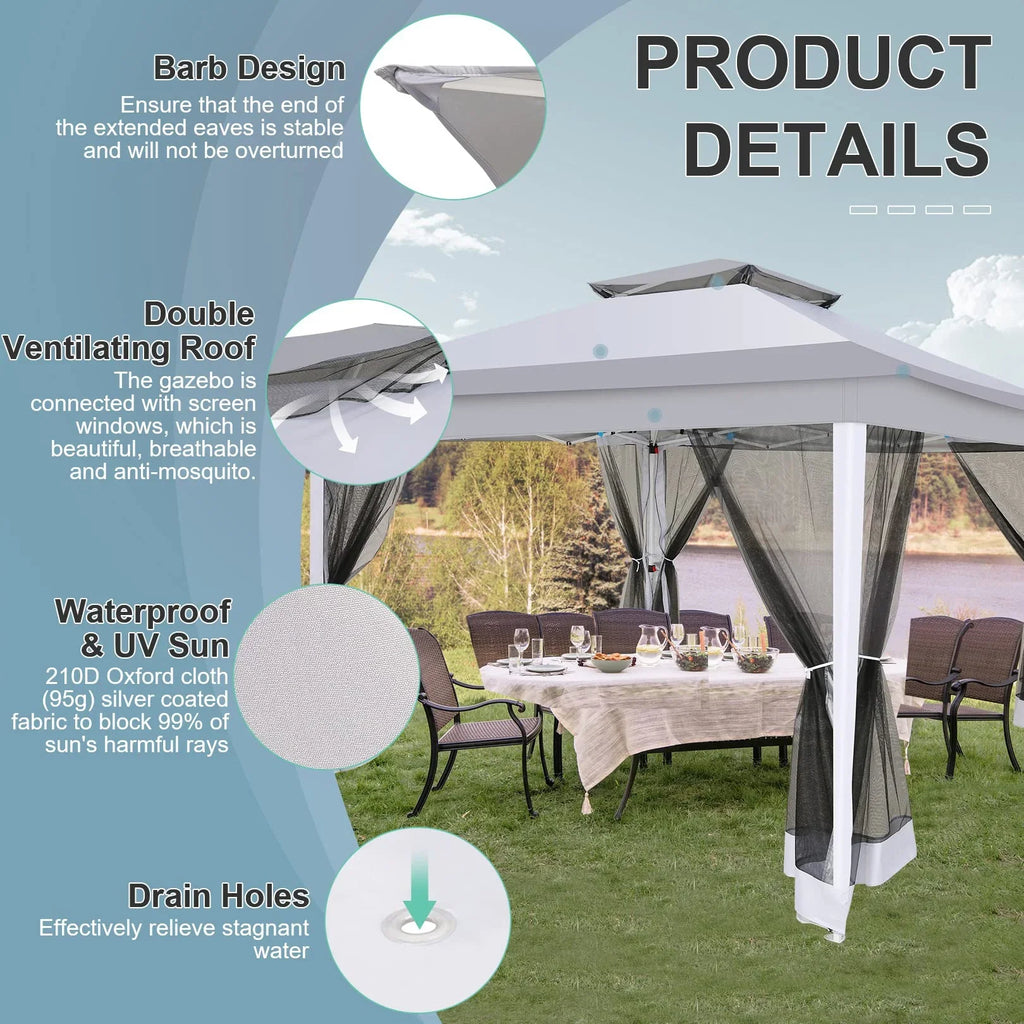 HOTEEL 12x12 Outdoor Pop-up Gazebo Canopy with Mosquito Netting 2-Tiered Vented Top 3 Adjustable Height for Backyard, Garden, Lawn,Light Grey
