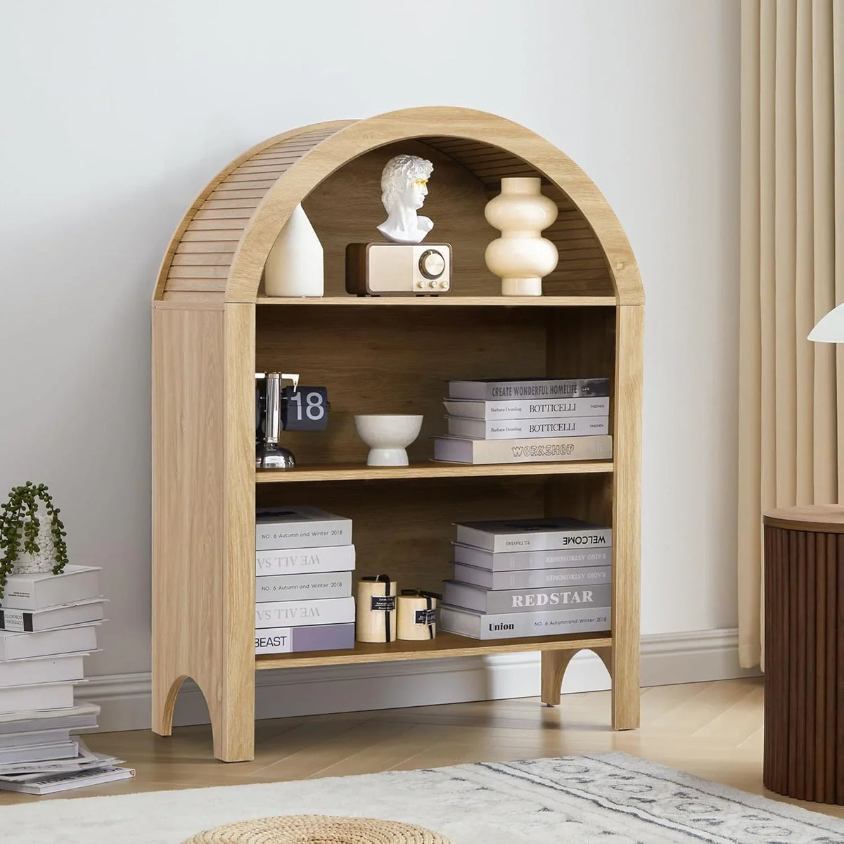 LEFHDA Small Kids Arched Bookshelf, Modern 3-Tier Open Bookshelf, Wood Freestanding Arched Bookcase with Adjustable Shelves, Covered Rounded Top Display Cabinet (Walnut)