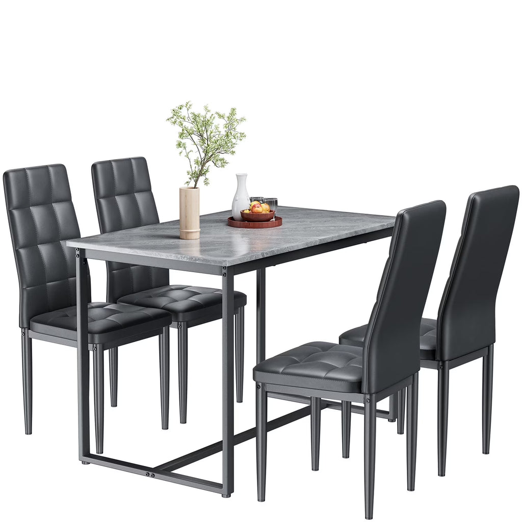 Seizeen Solid Wood Kitchen Table and Chairs, Dining Room Table Set for 4 with Gray Upholstered Chairs, Wood Grain Table Heavy-Duty Frame, Rustic Minimalist Style Breakfast Nook Set