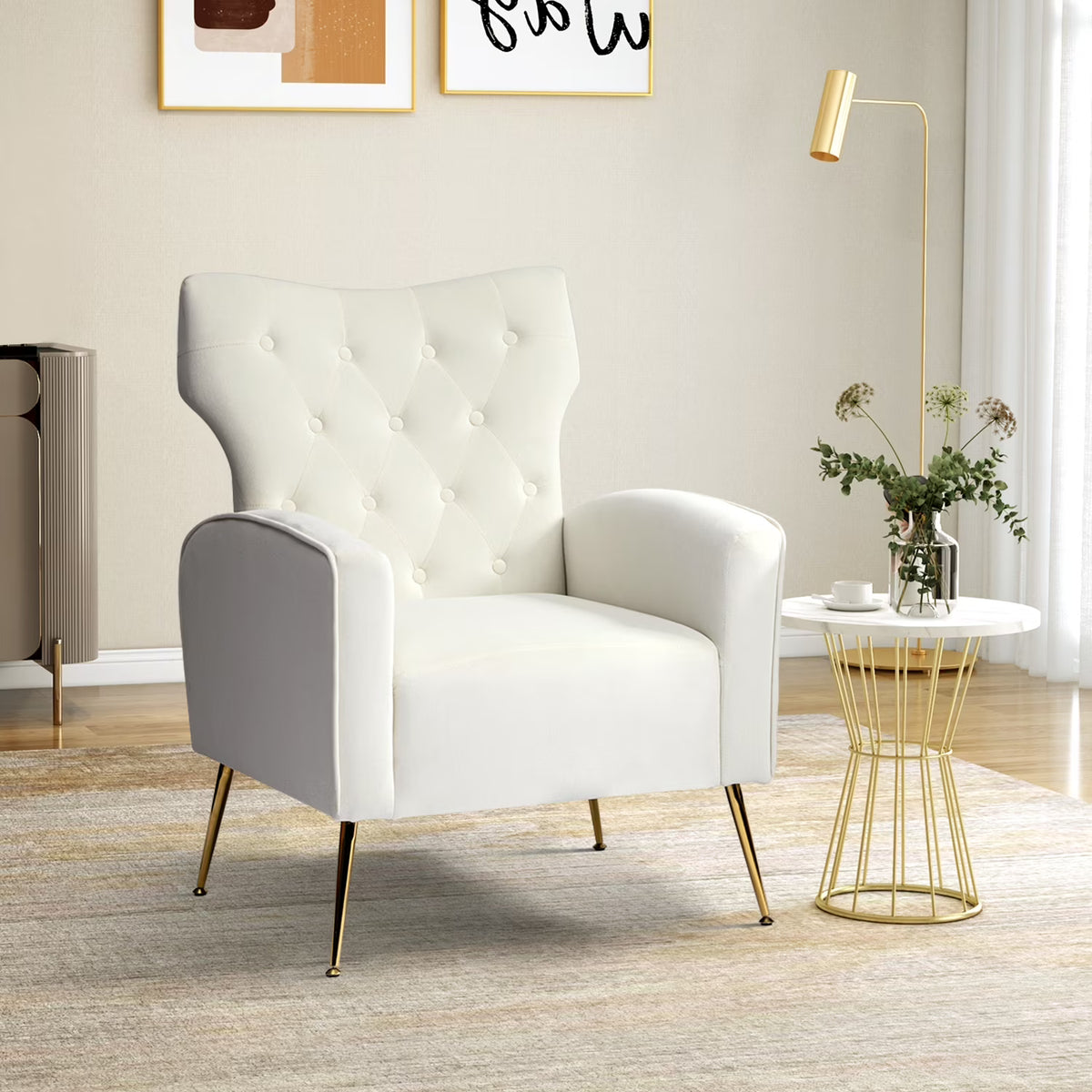 Modern Velvet Accent Chair Upholstered Sofa Armchair Button Tufted Metal Legs Adult Bedroom Home Living Room Grey